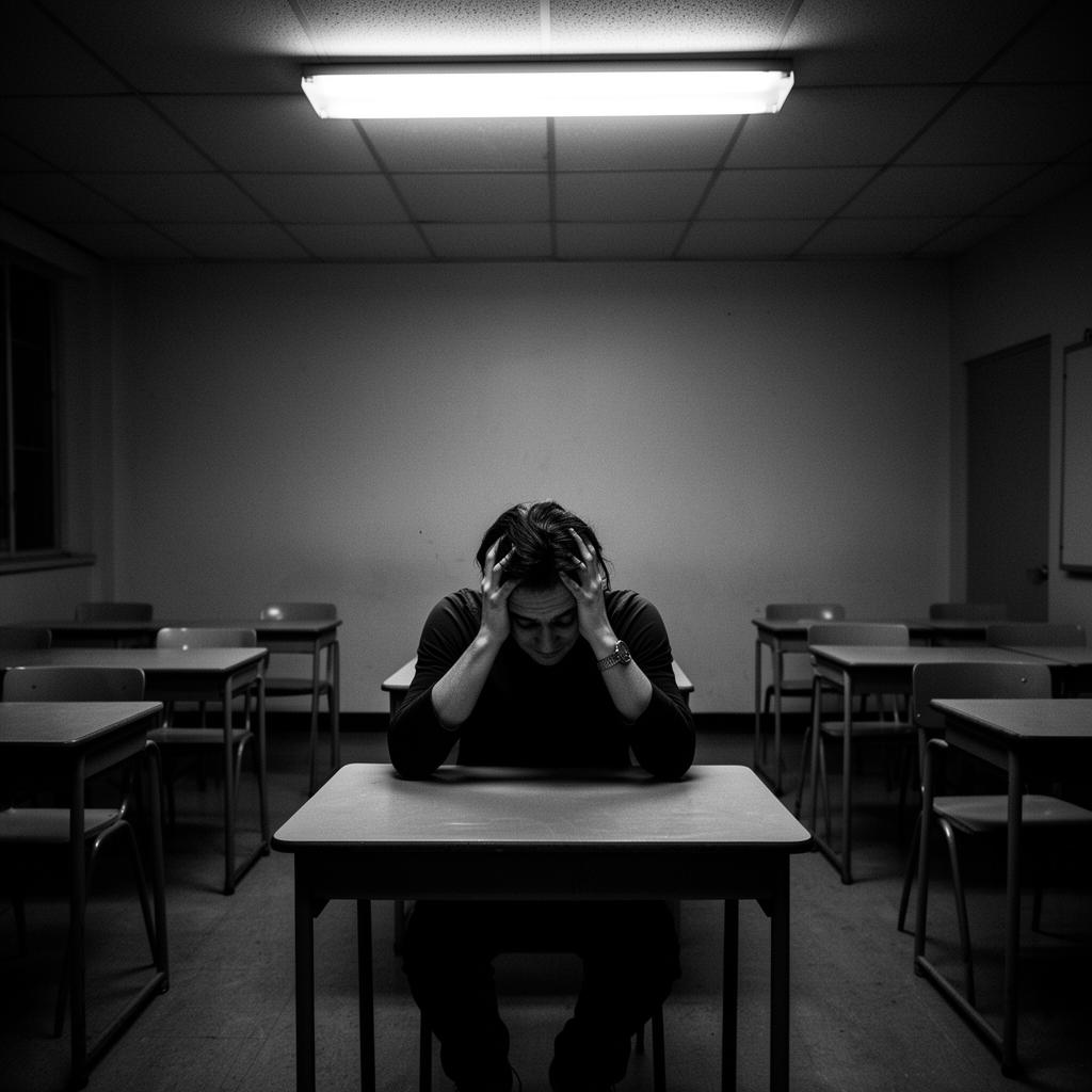 Teacher reflecting alone in an empty classroom